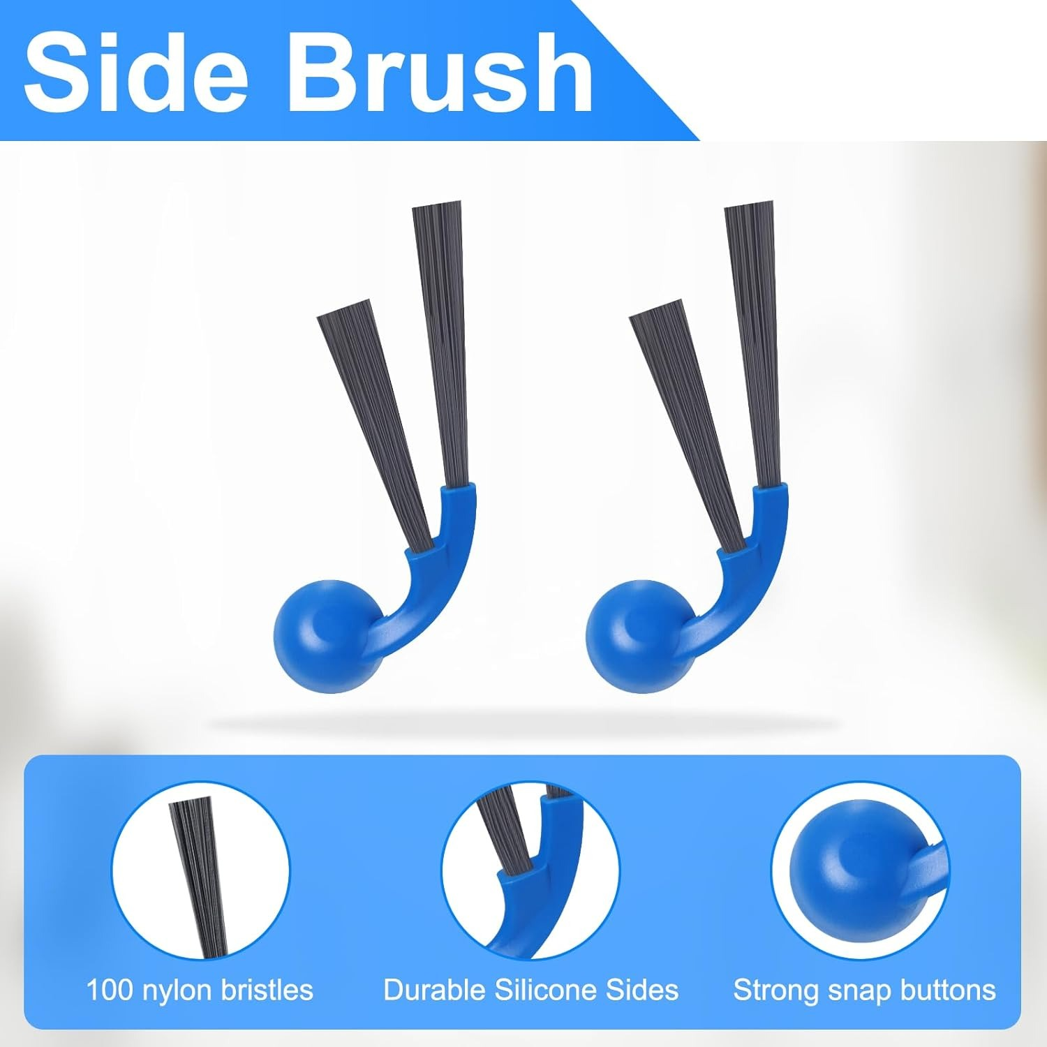 Deux brosses latérales de robot bleues avec des poils noirs.
