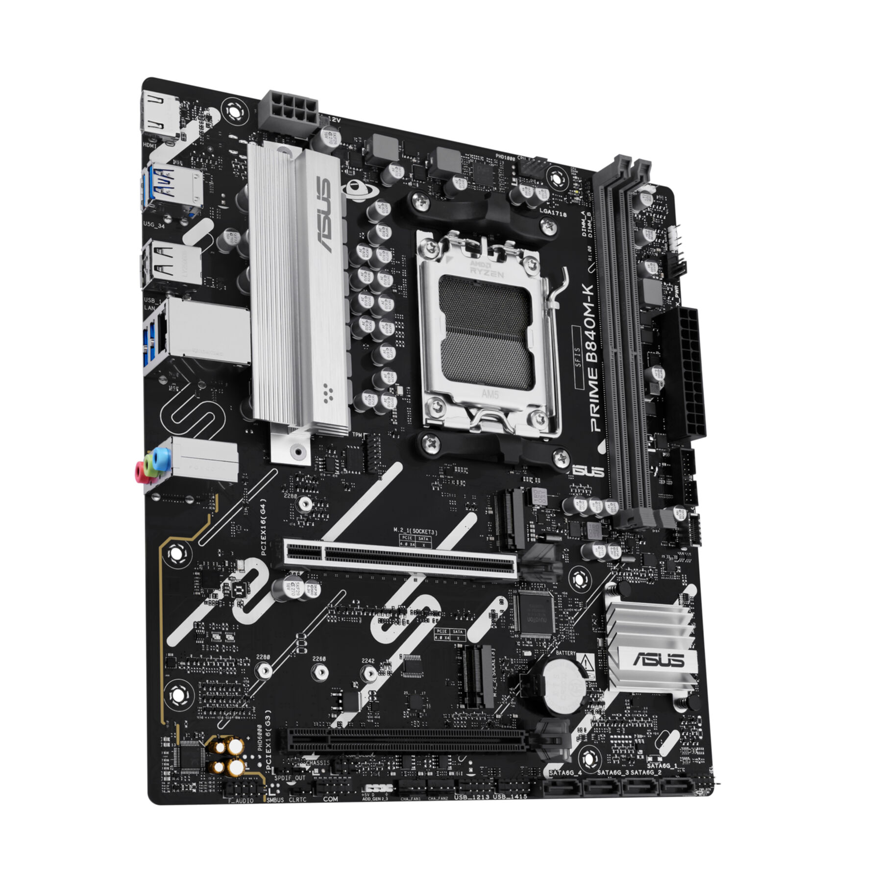 Czarna płyta główna ASUS PRIME B840M-K z srebrnymi radiatorami i gniazdem CPU AMD Ryzen.