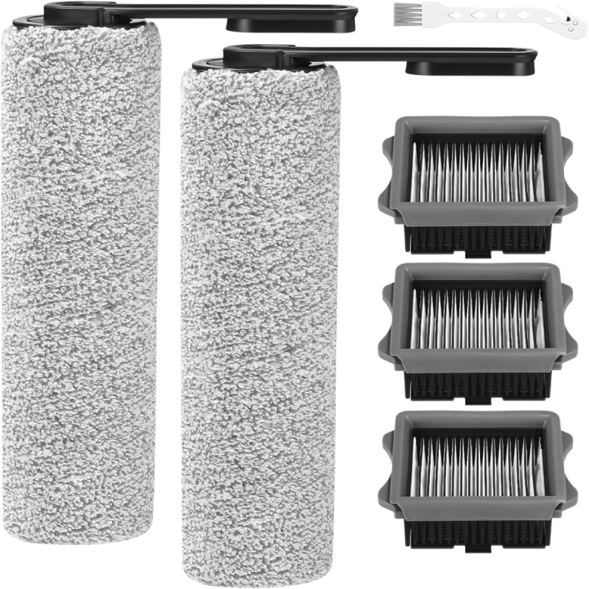 Deux rouleaux gris et trois têtes de brosse filtrantes sur fond blanc.