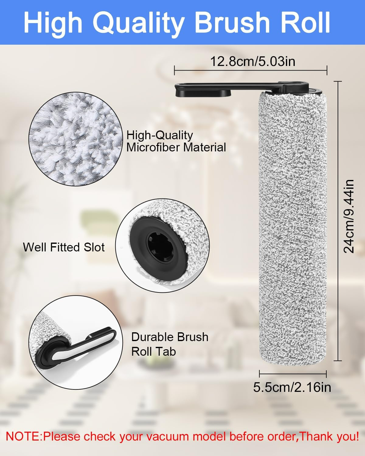 Un rouleau de brosse en microfibre pour aspirateur, avec dimensions indiquées.