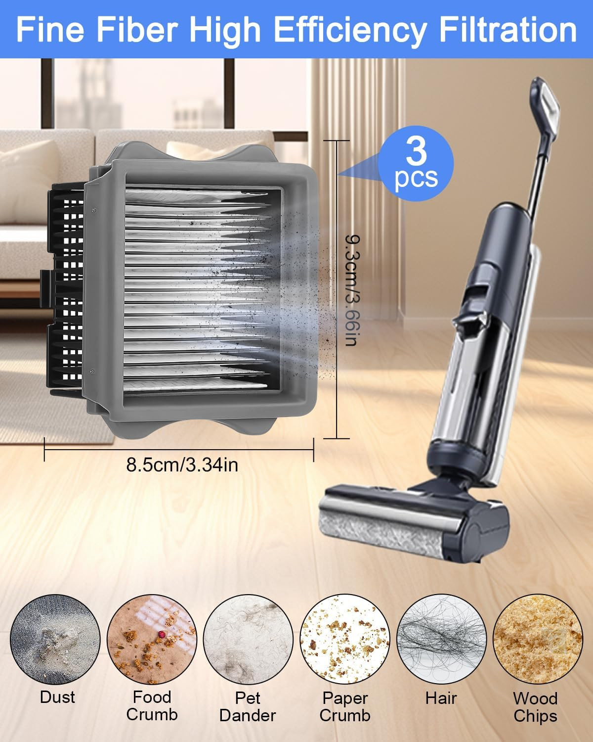 Un filtre d'aspirateur et un aspirateur à main sont présentés.