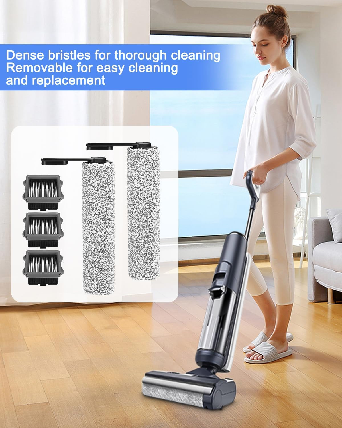 Femme utilisant un aspirateur eau et poussière avec rouleaux et filtres.