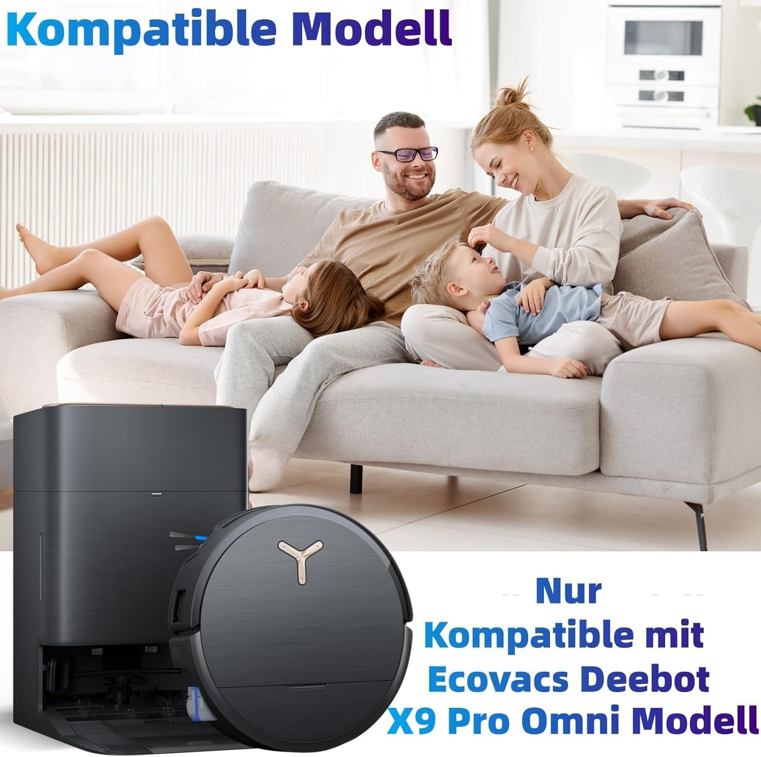 Rodzina na sofie z odkurzaczem robotycznym i stacją ładującą.
