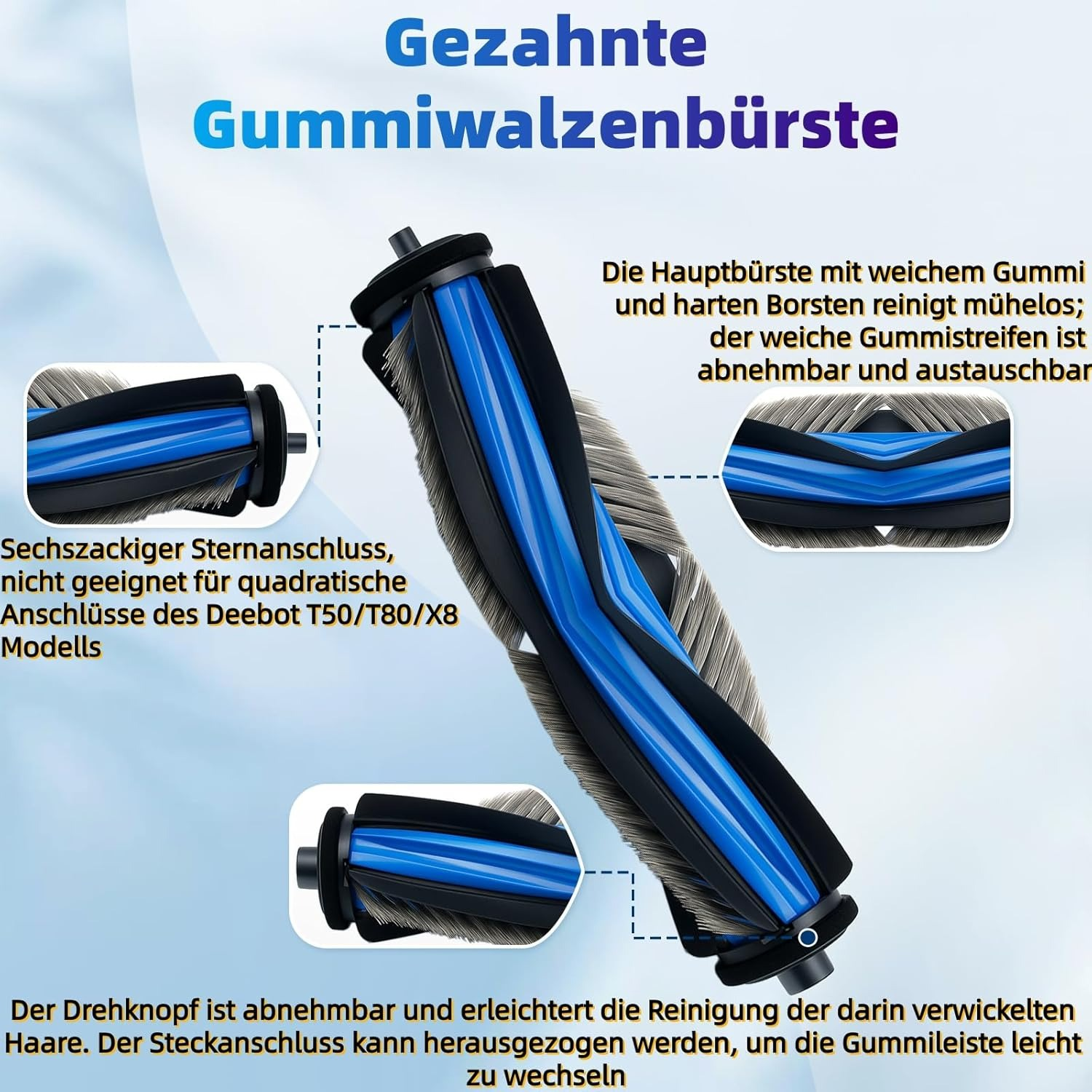 Ząbkowana szczotka rolkowa gumowa z niebieskimi i czarnymi elementami.