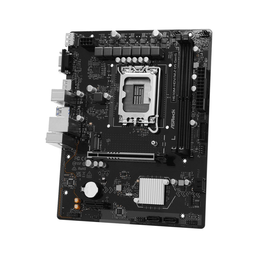 Czarna płyta główna ASRock H610M-HDV/M.2 D5 Gen5 z gniazdem CPU i portami.