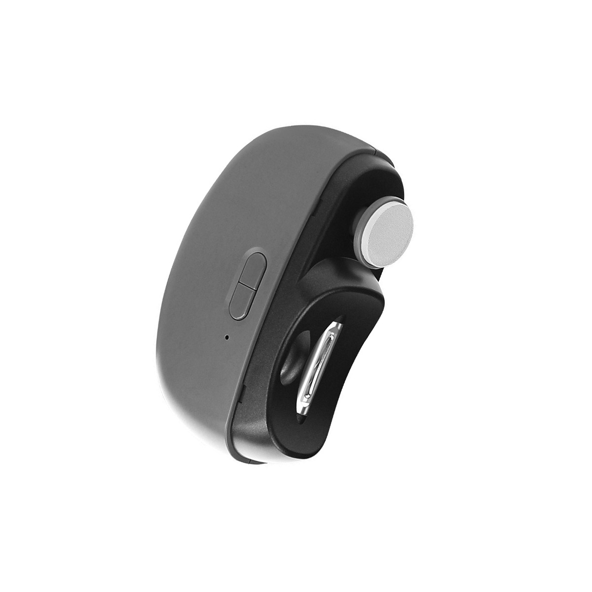 Ein grauer Bluetooth-Ohrhörer mit einem silbernen Gitter auf weißem Hintergrund.