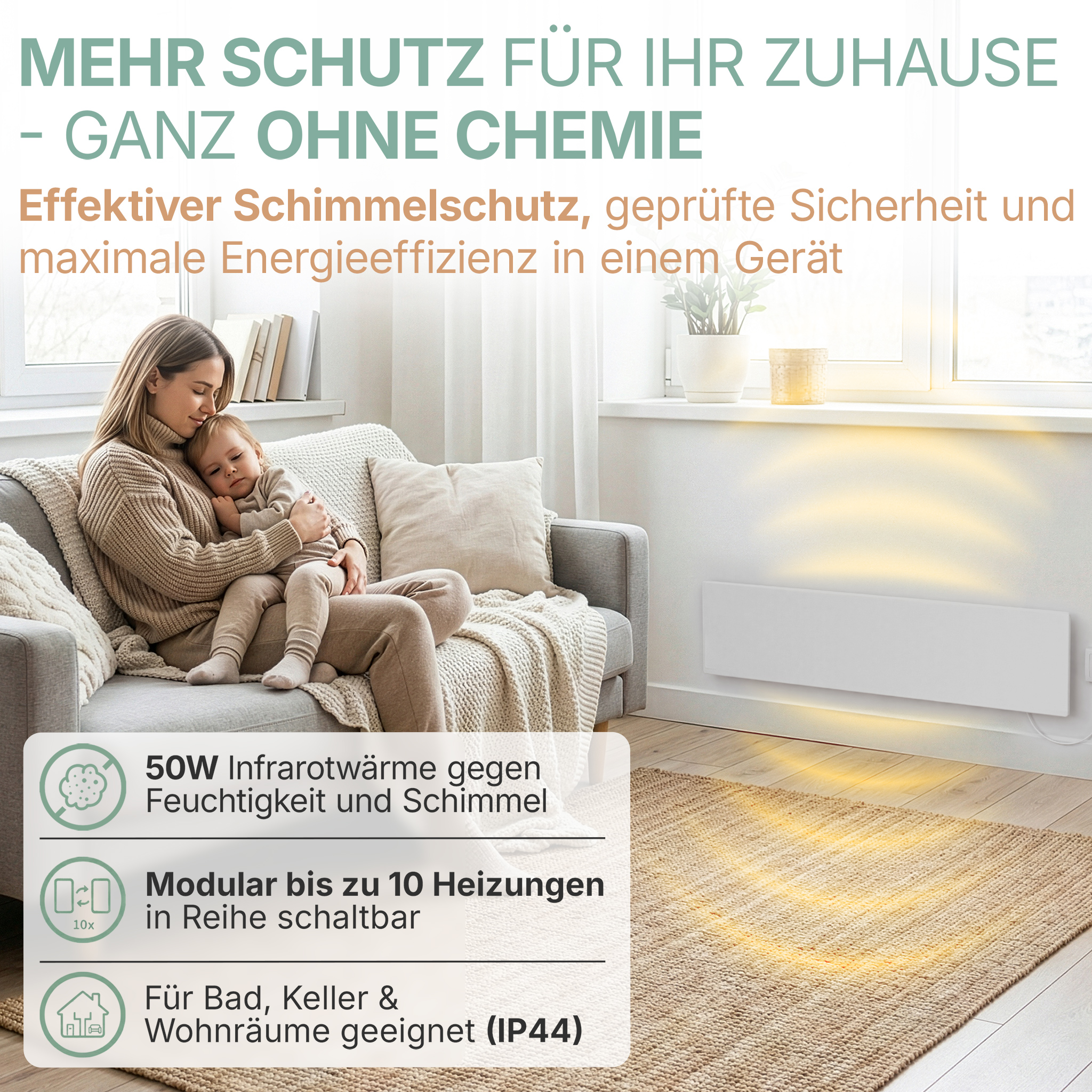 Mutter hält schlafendes Baby auf Sofa, Heizkörper an Wand, Text über Schutz.