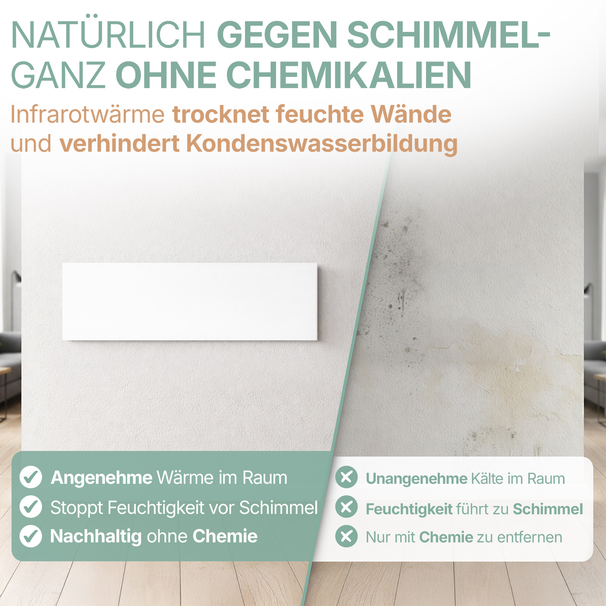 Infrarotheizung bekämpft Schimmel. Angenehme Wärme, stoppt Feuchtigkeit. Ohne Chemie.