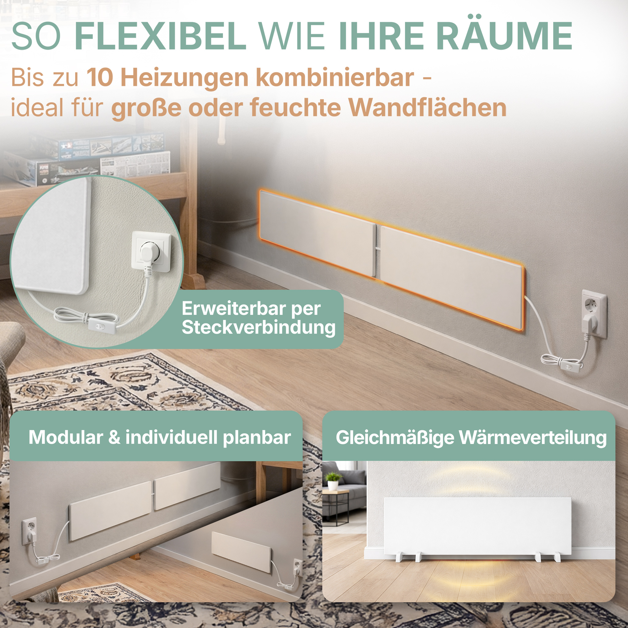 Weiße Heizpaneele: flexibel, erweiterbar, modular, gleichmäßige Wärme.