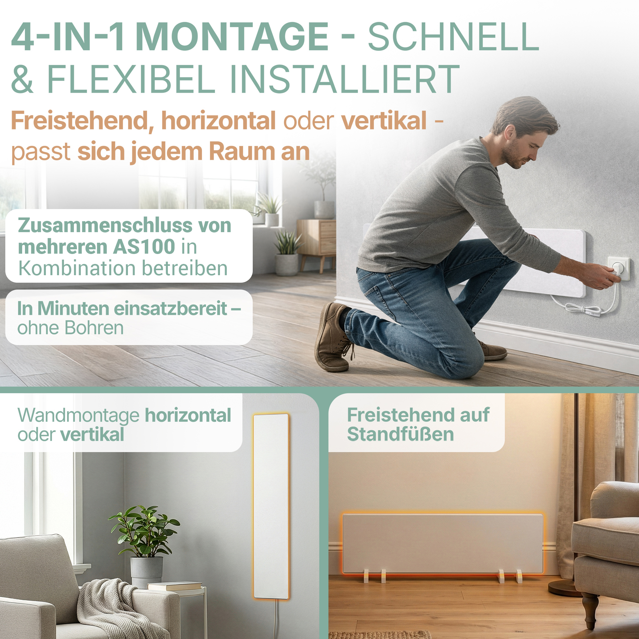 Mann schließt Heizung an. 4-in-1 Montage: Wandmontage oder freistehend.