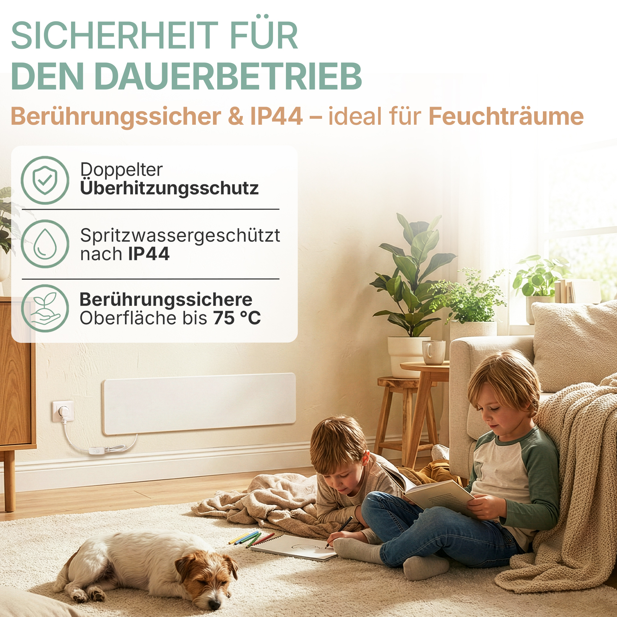 Zwei Kinder und ein Hund im Wohnzimmer. Ein Heizgerät ist an der Wand montiert.