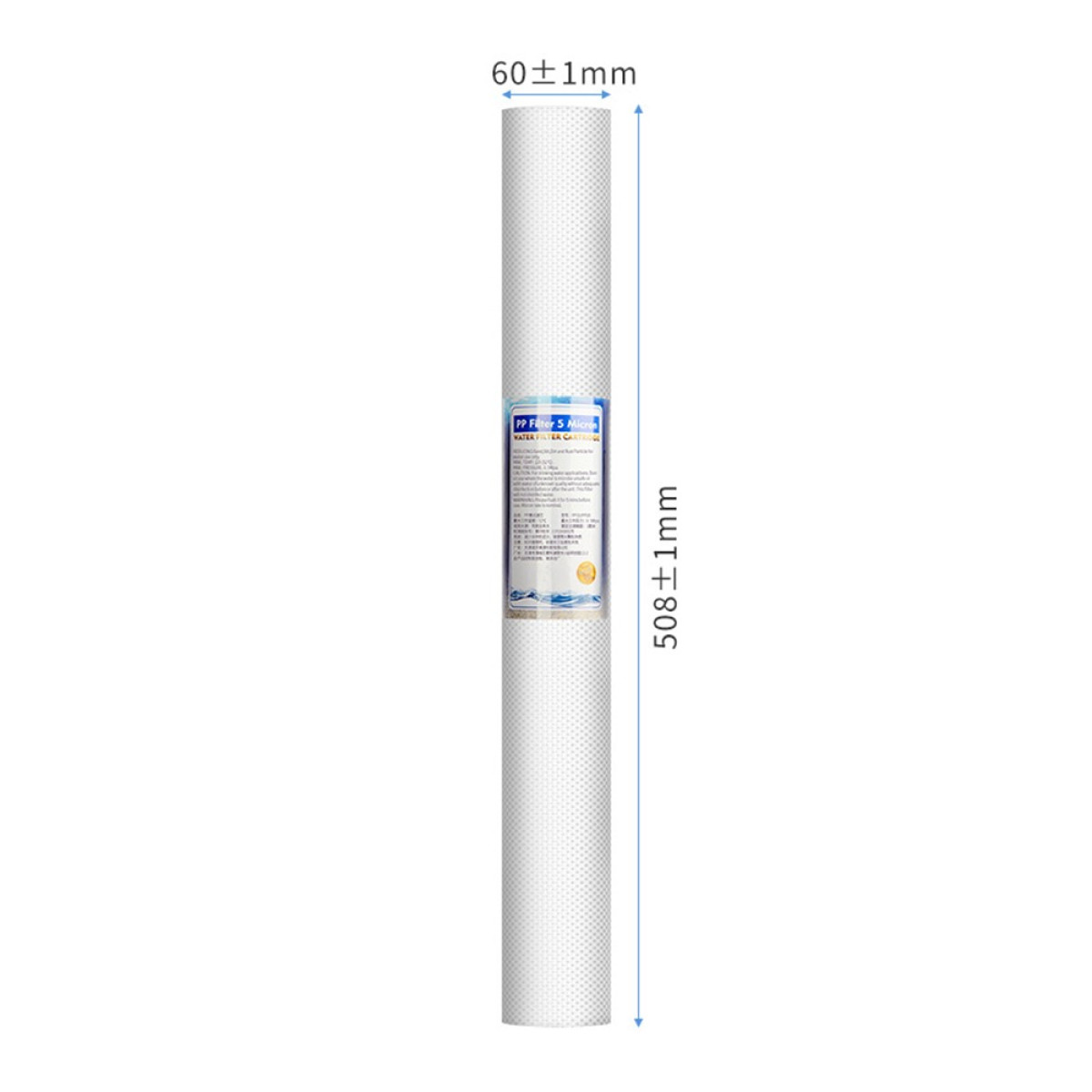 Ein weißer PP-Filter für Wasser, 508 mm lang und 60 mm breit.
