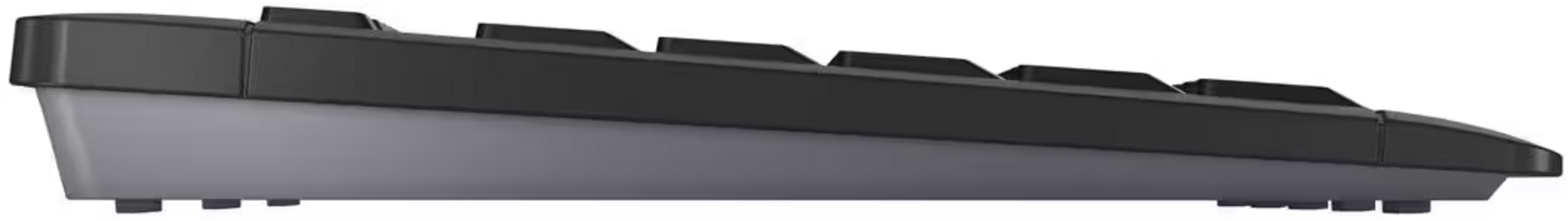 Widok z boku czarnej klawiatury z szarą podstawą i klawiszami.