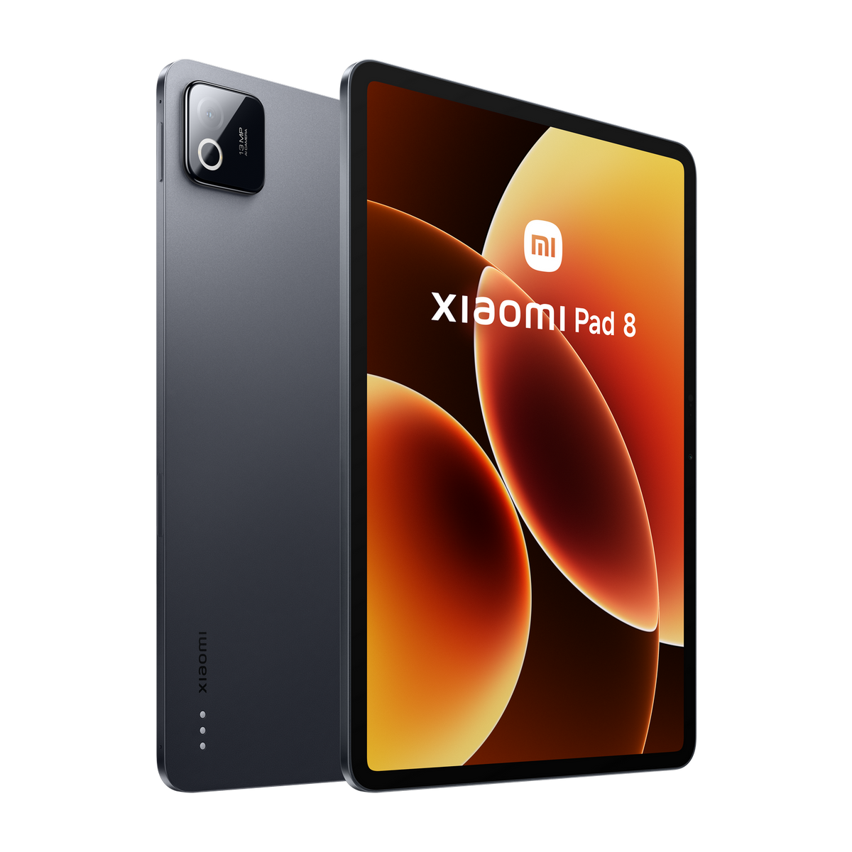 Una tableta Xiaomi Pad 8 gris con cámara trasera y fondo naranja.
