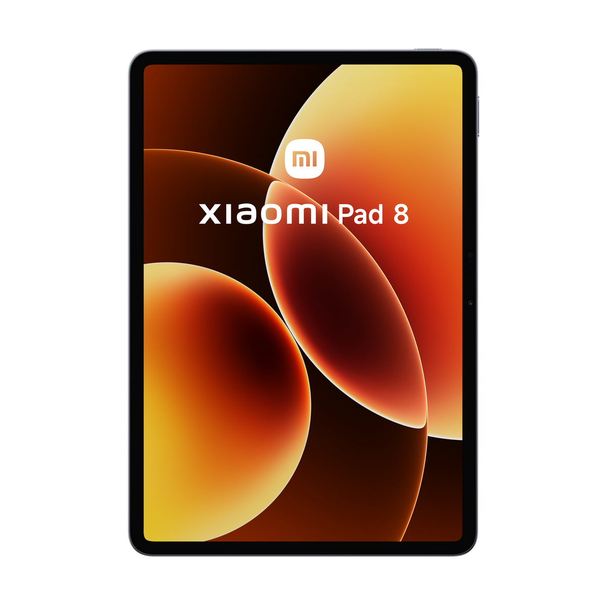 Una tableta Xiaomi Pad 8 muestra un fondo abstracto naranja y amarillo.