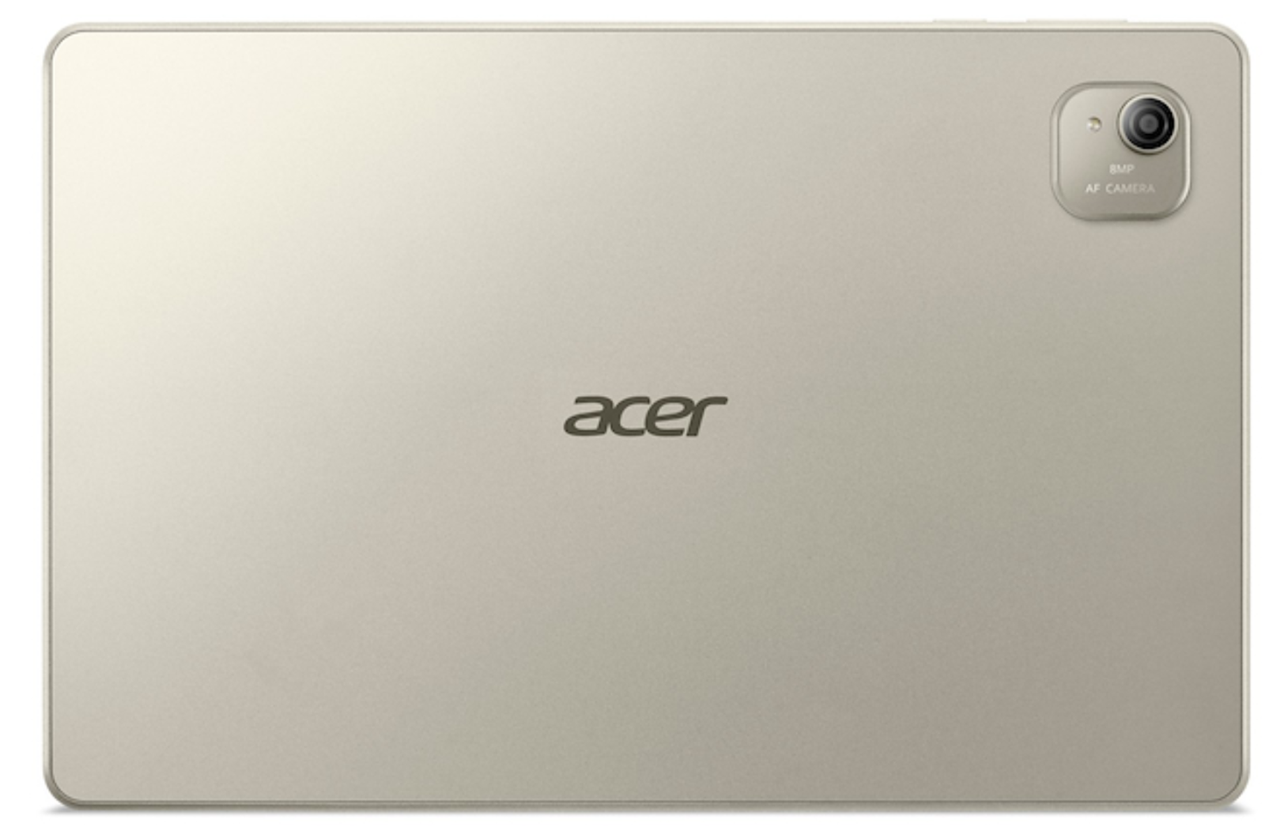 Parte trasera de una tablet Acer dorada con cámara de 8MP y logo.