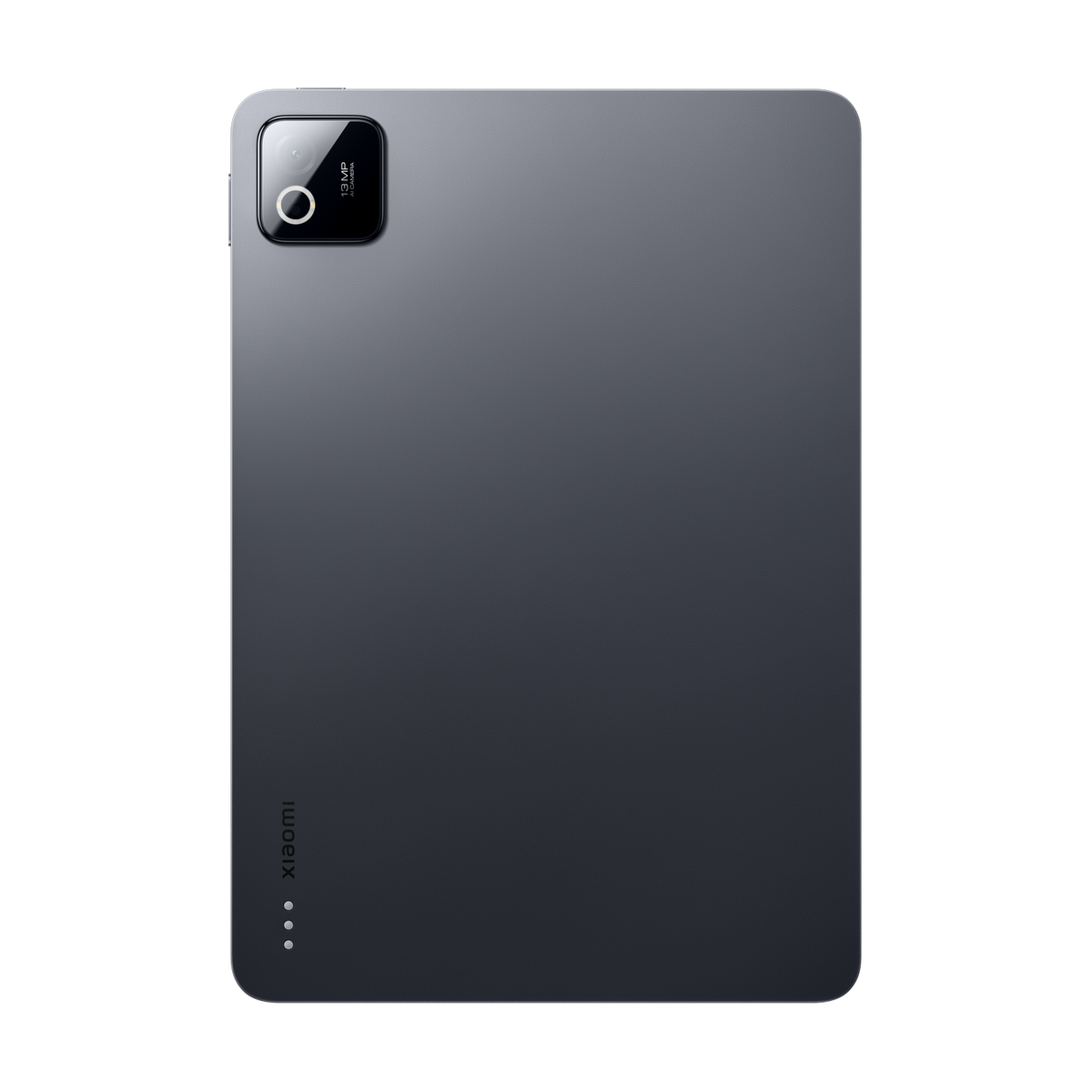 Tableta gris oscuro con cámara de 13 MP y logo de Xiaomi sobre fondo negro.