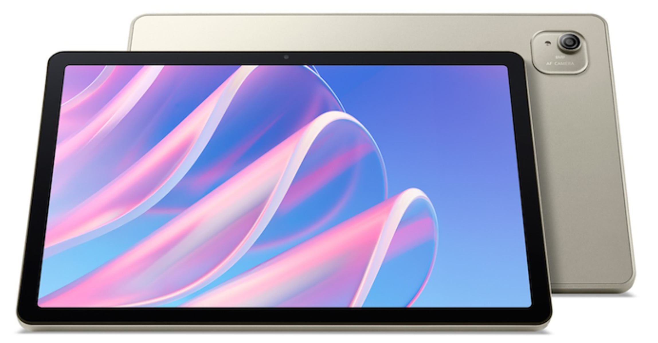 Una tableta dorada con fondo azul y líneas abstractas rosas y blancas en la pantalla.