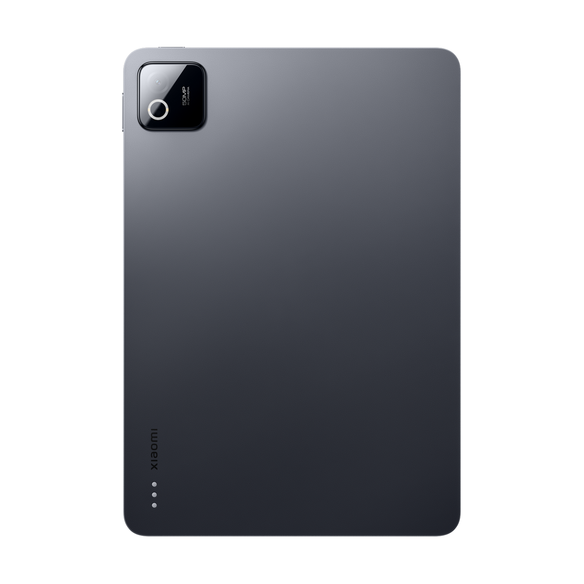 Rückseite eines dunklen Tablets mit 50MP-Kamera und Xiaomi-Logo.