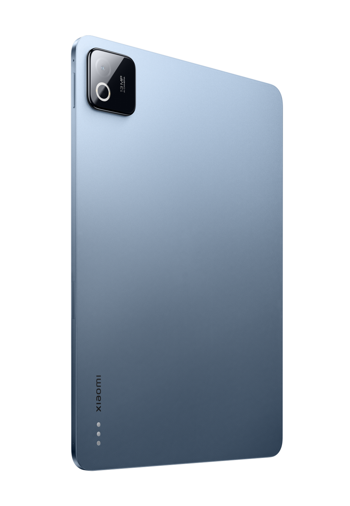 Una tableta Xiaomi azul con cámara de 13MP sobre fondo negro.