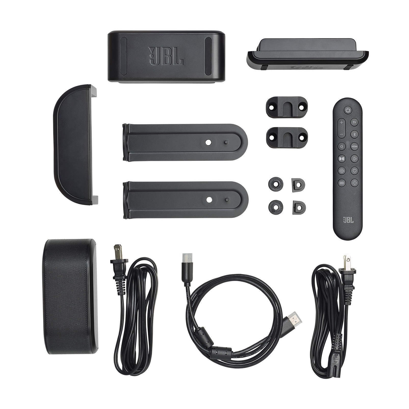 Accesorios JBL: altavoz, control remoto, cables y soportes.