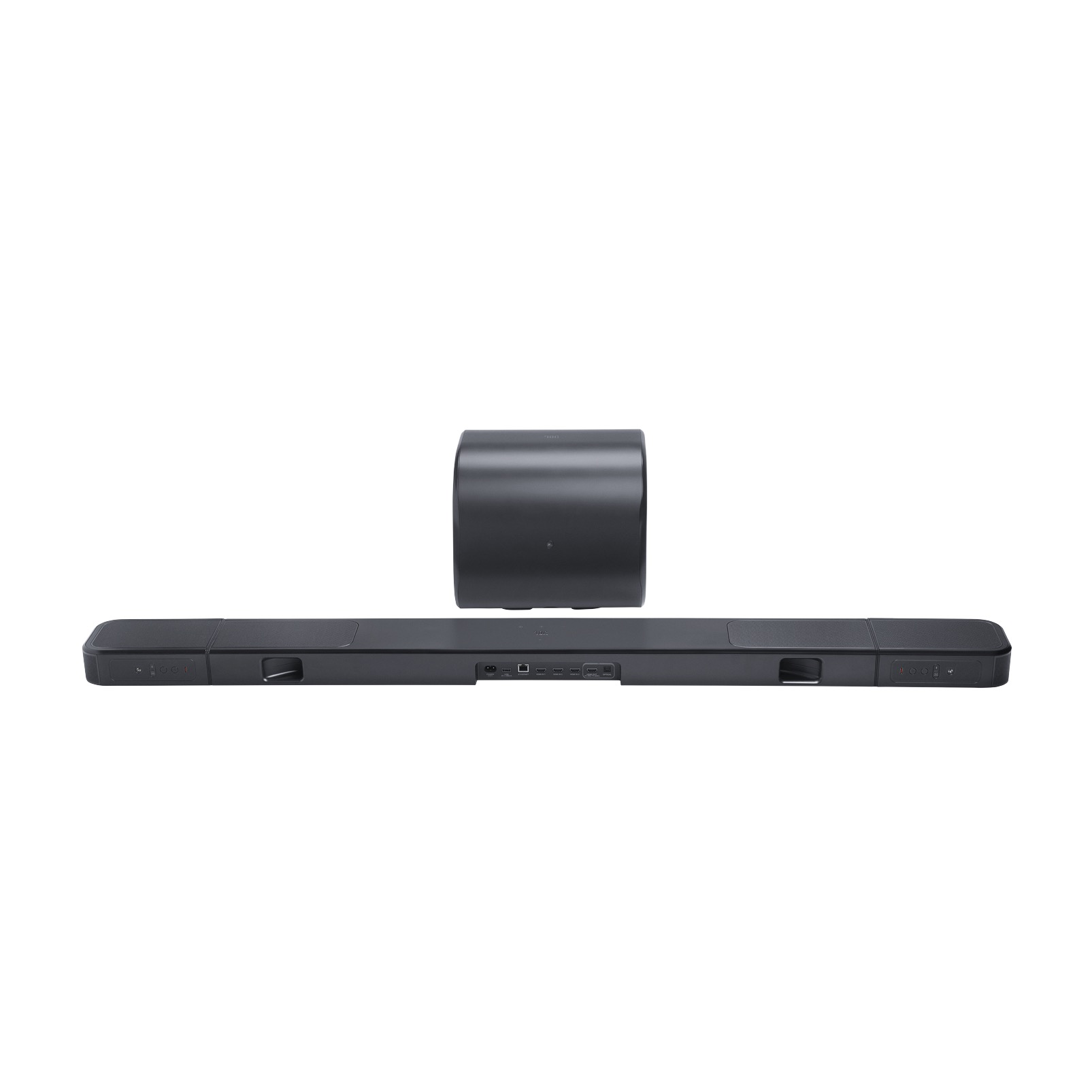 Barra de sonido y subwoofer negros con puertos traseros.