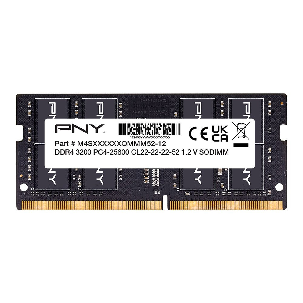 Un modulo RAM PNY DDR4 SODIMM con contatti dorati e chip neri.