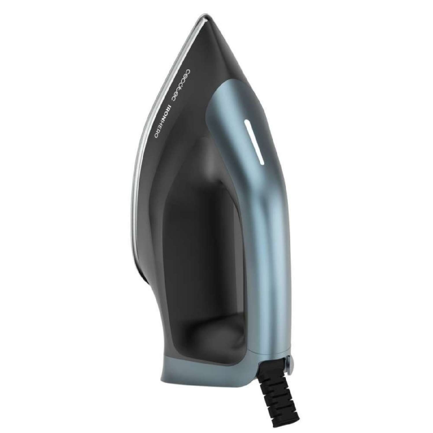 Un ferro da stiro nero e blu con cavo su sfondo bianco.