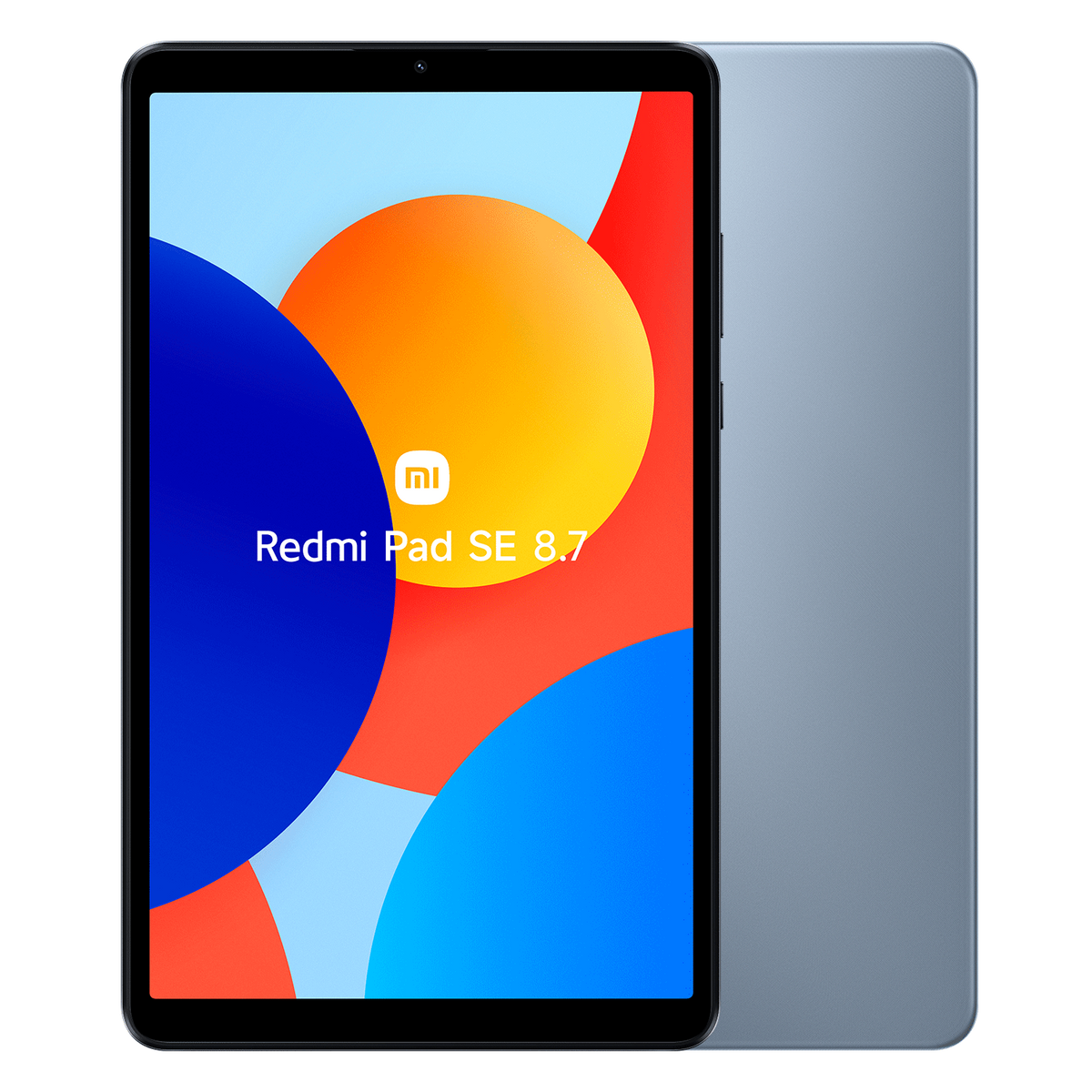 Un tablet azzurro che mostra uno sfondo colorato. Il retro è visibile.