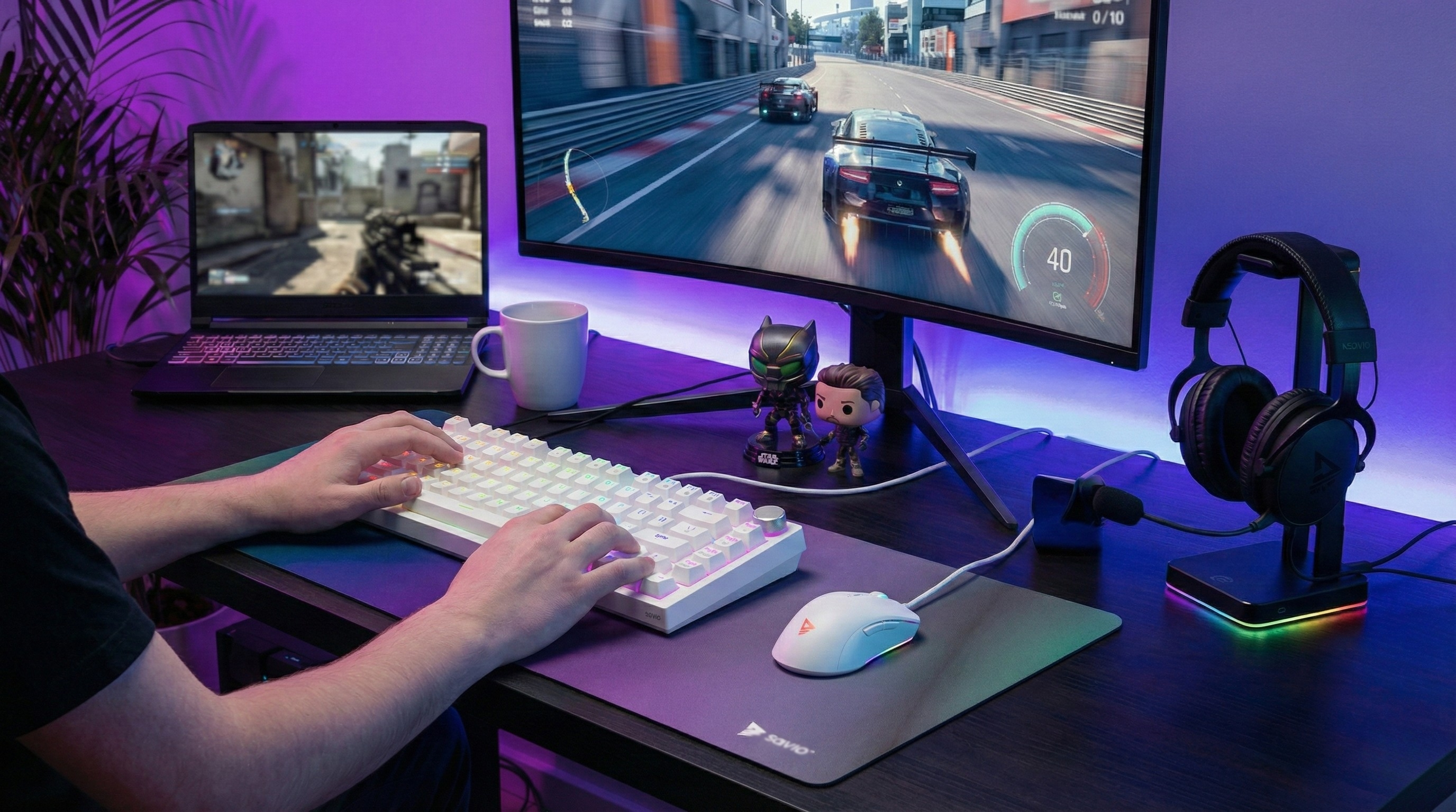 Zestaw do gier z dwoma monitorami, klawiaturą, myszą, słuchawkami i roślinami.