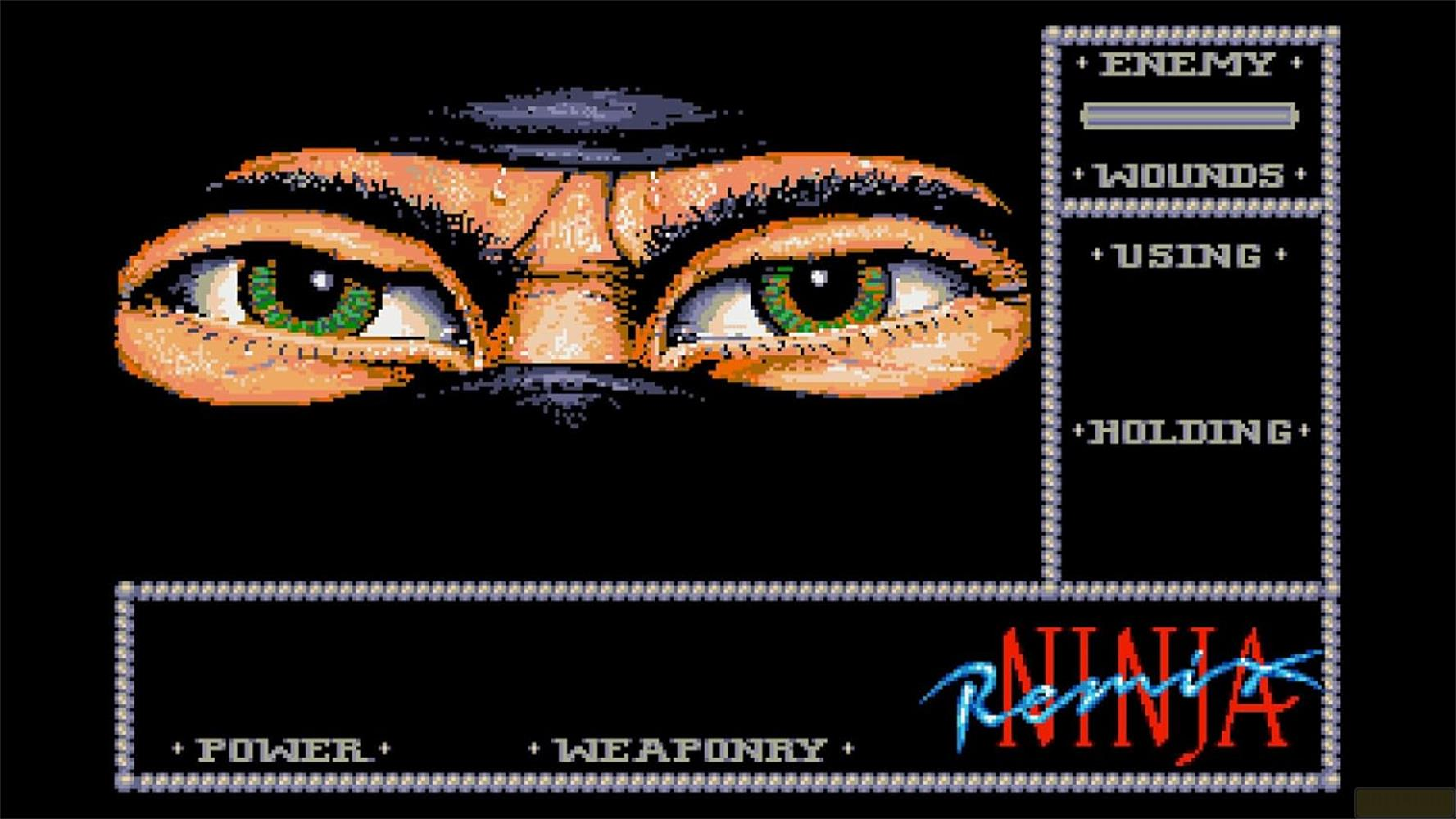 Pixel-Art-Nahaufnahme von Ninjagesicht mit grünen Augen und Spielmenü.