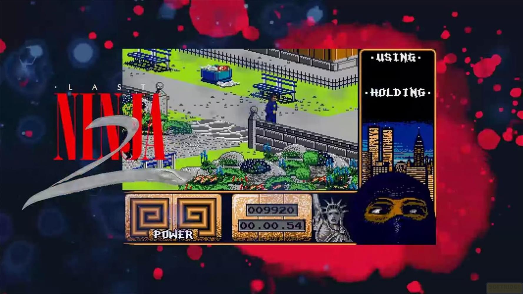Pixel-Art-Spiel: Ninja mit Maske, Stadt, Punktestand und Zeit.