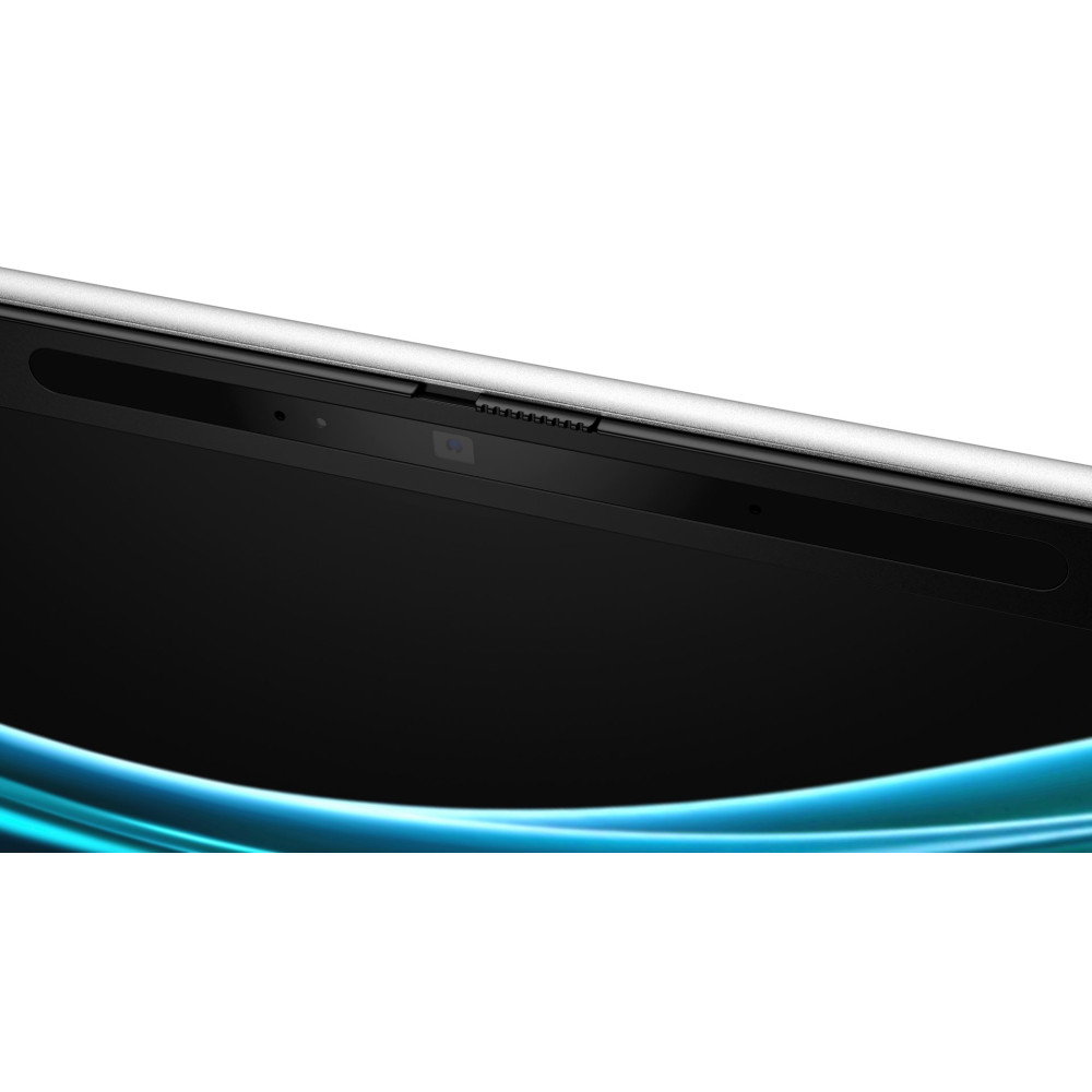 Zbliżenie laptopa z srebrną ramką i czarnym ekranem.