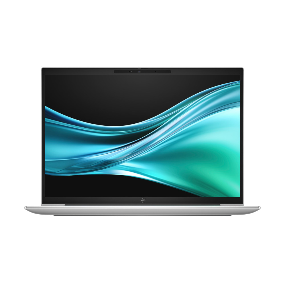 Srebrny laptop z abstrakcyjną niebiesko-zieloną tapetą na ekranie.