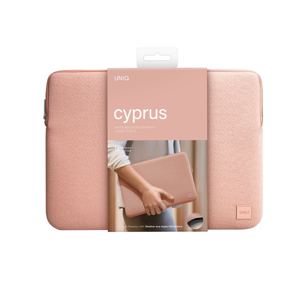 UNIQ Kıbrıs markalı pembe dizüstü bilgisayar kılıfı.
