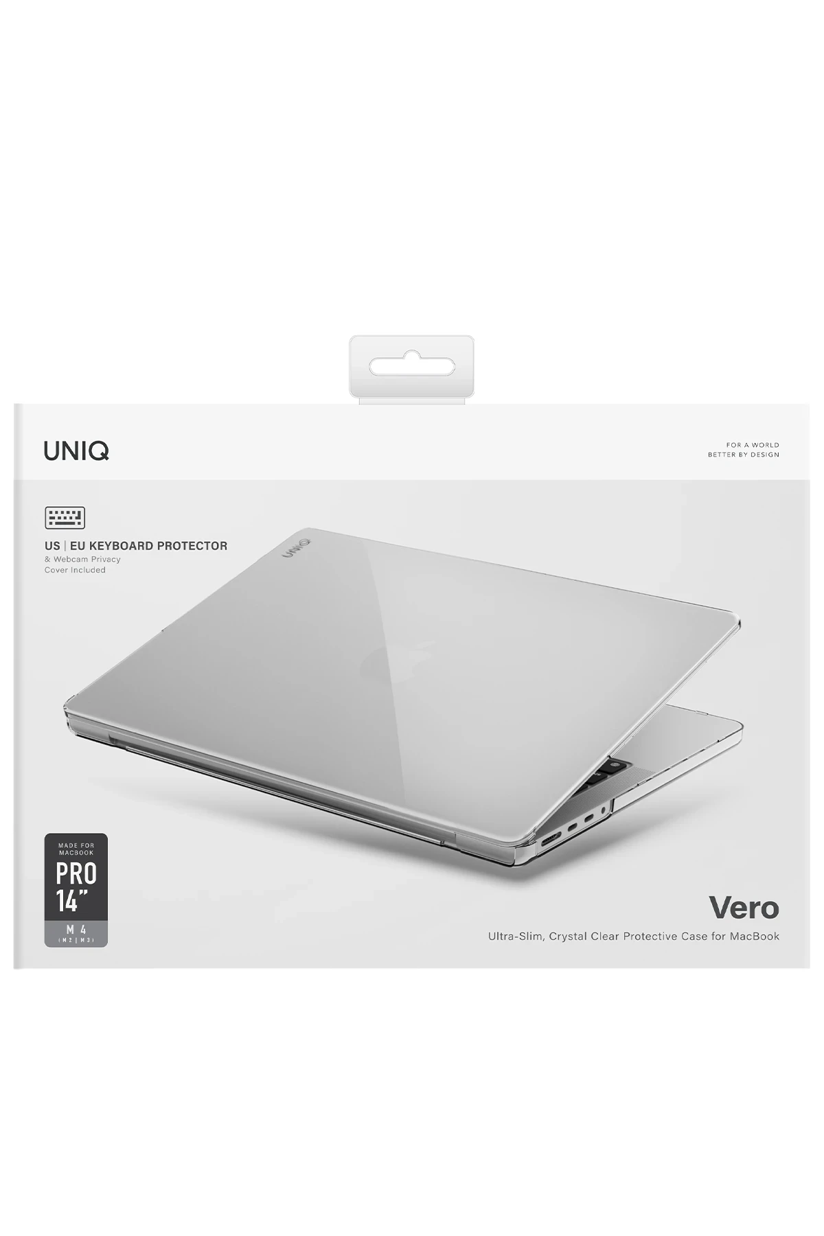 UNIQ MacBook Pro 14 inç kılıf, şeffaf, ince, klavye koruyuculu.