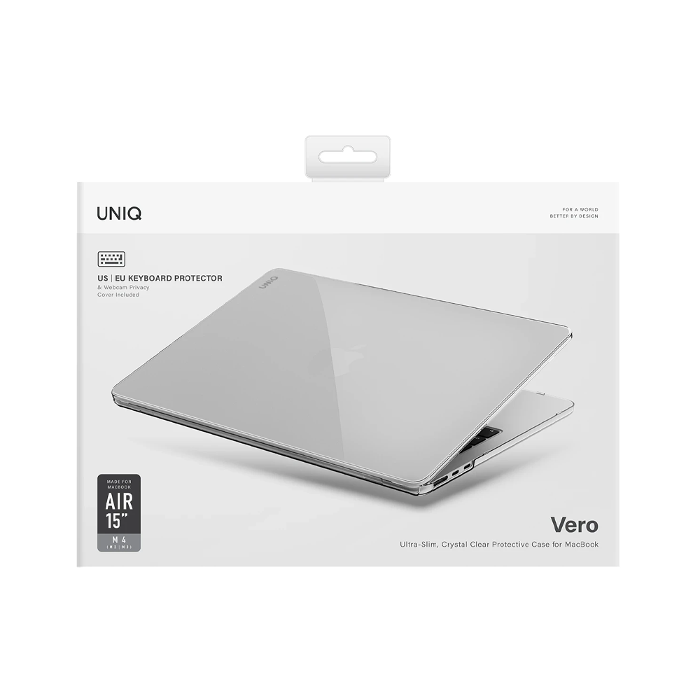 UNIQ MacBook Air 15 inç kılıf, şeffaf, ince, klavye korumalı.