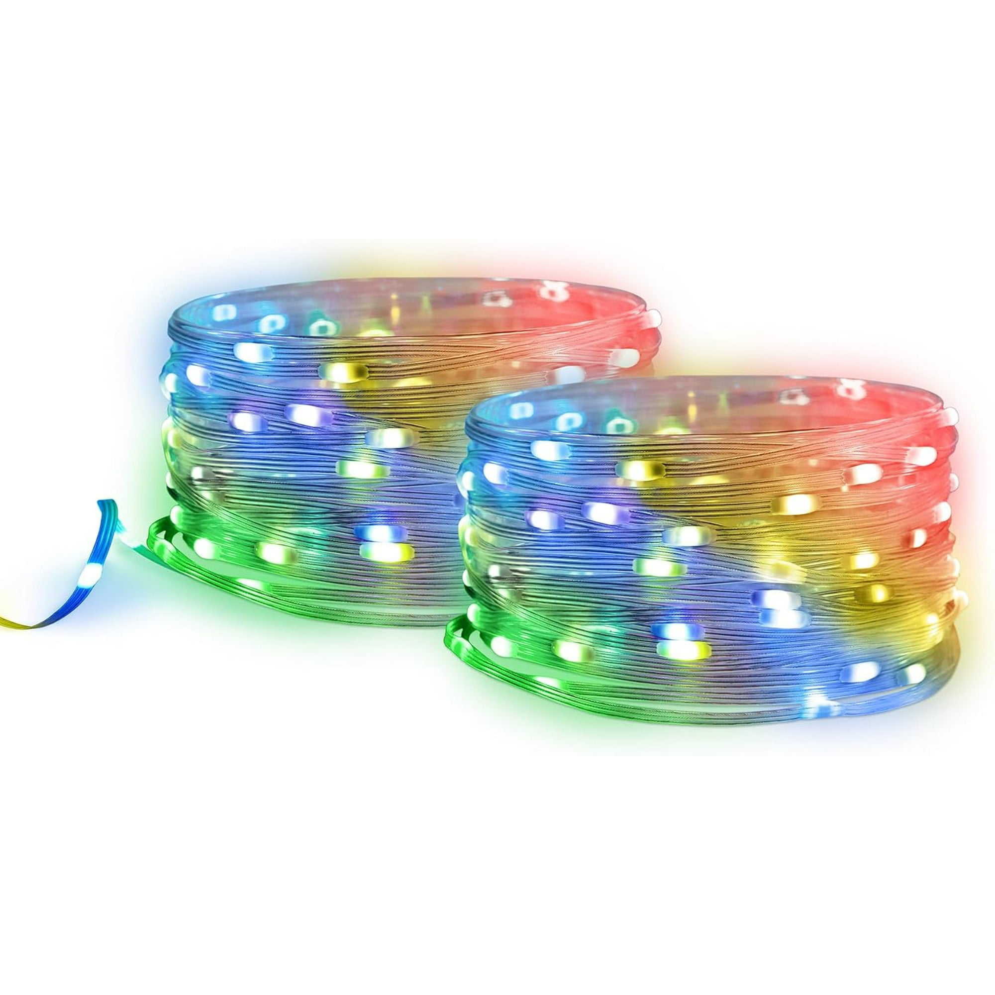 Zwei Spulen bunter LED-Lichterketten mit weißem Hintergrund.