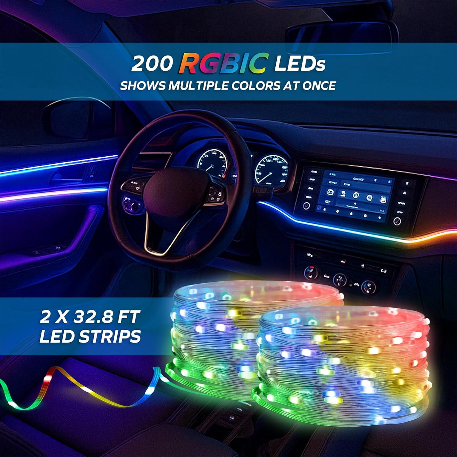 Auto-Innenraum mit bunten RGBIC-LED-Streifen und aufgewickelten LED-Rollen.