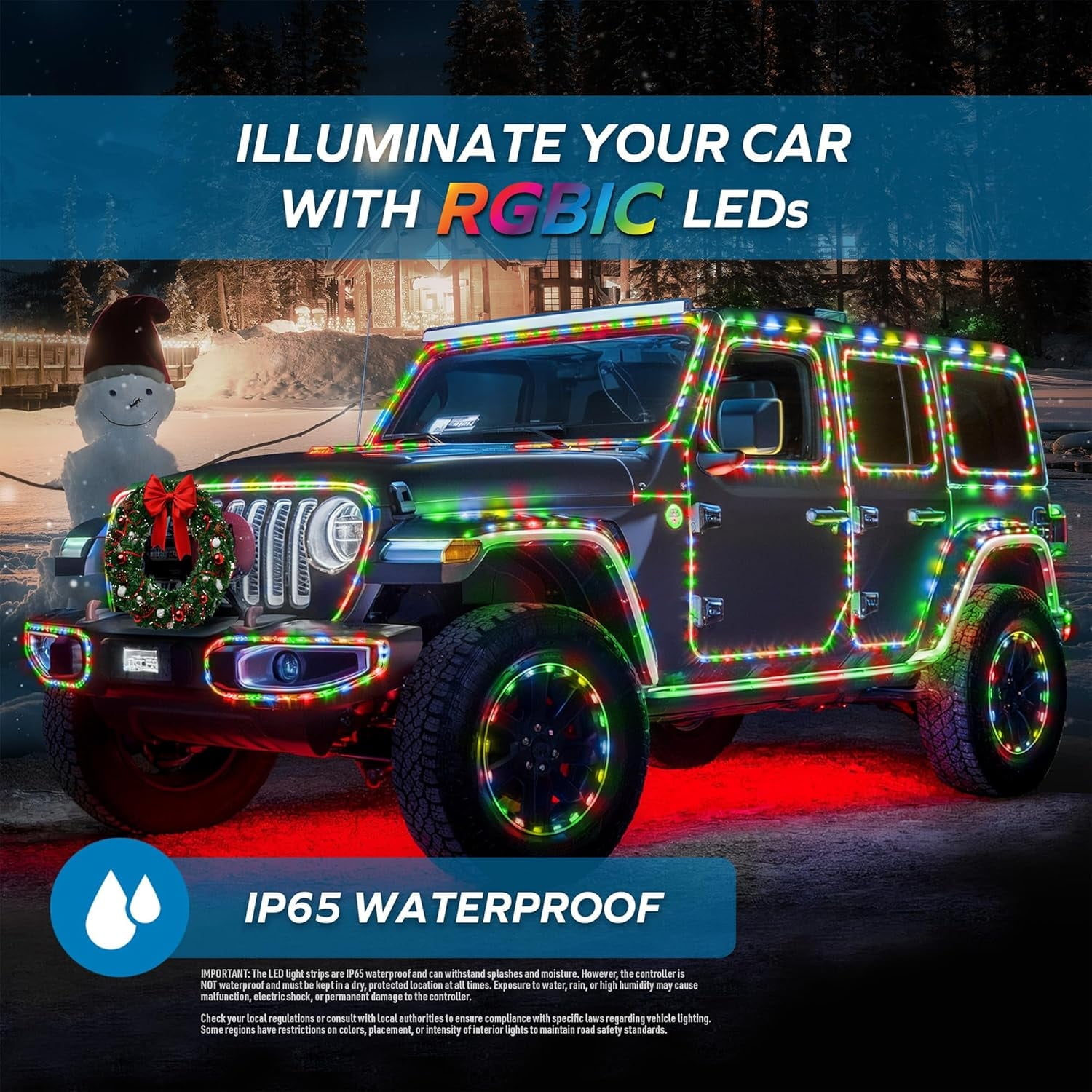 Ein Jeep im Schnee mit bunten RGBIC-LEDs beleuchtet. Ein Schneemann steht daneben.