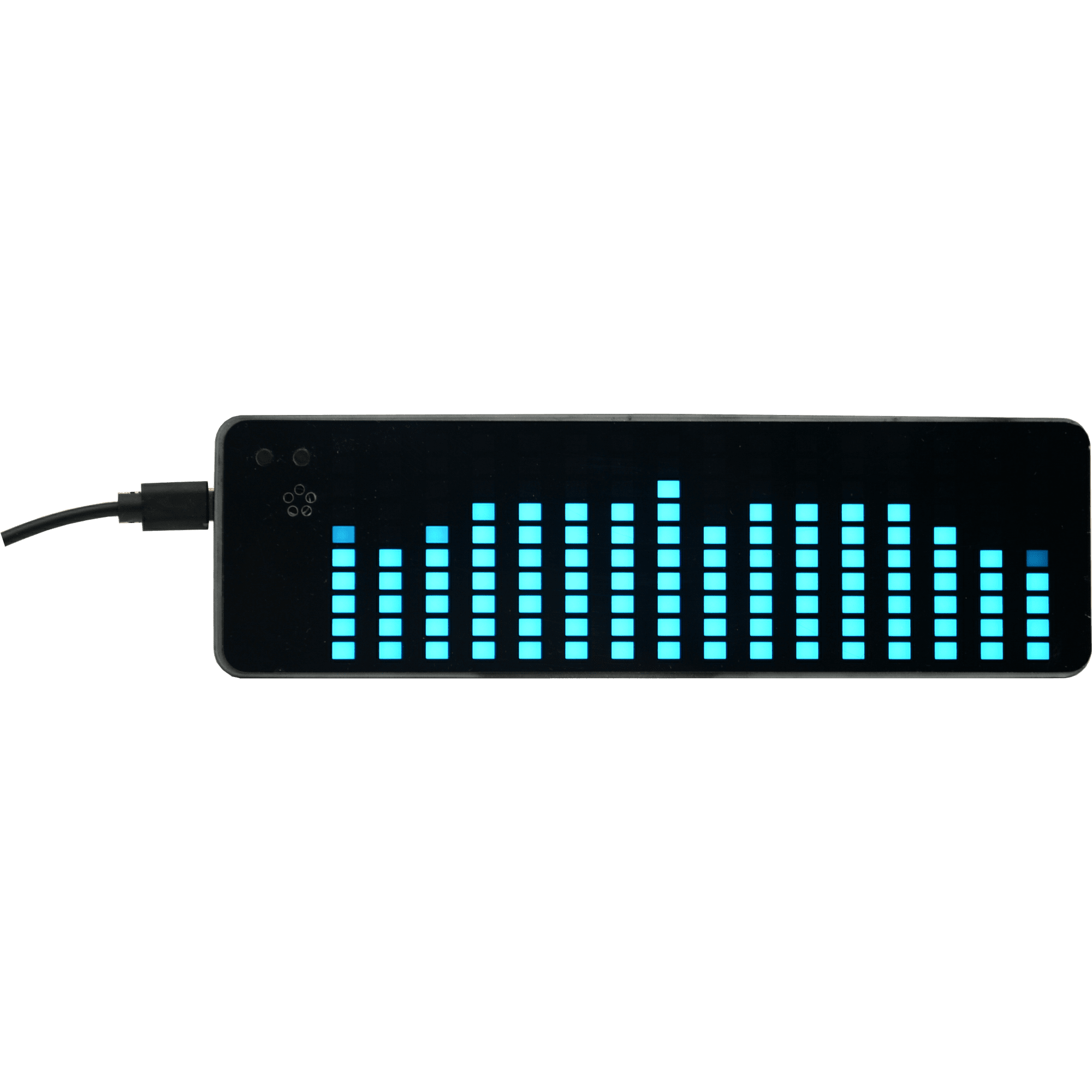 Ein schwarzes Gerät mit einem blauen Equalizer-Display und einem Kabel.