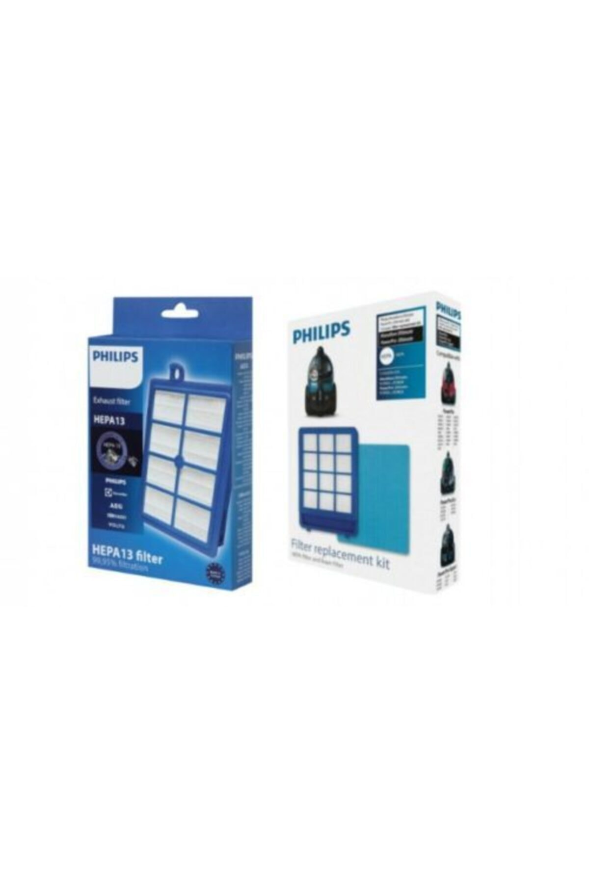 İki Philips filtre paketi: bir HEPA13 filtre ve bir filtre değişim kiti.