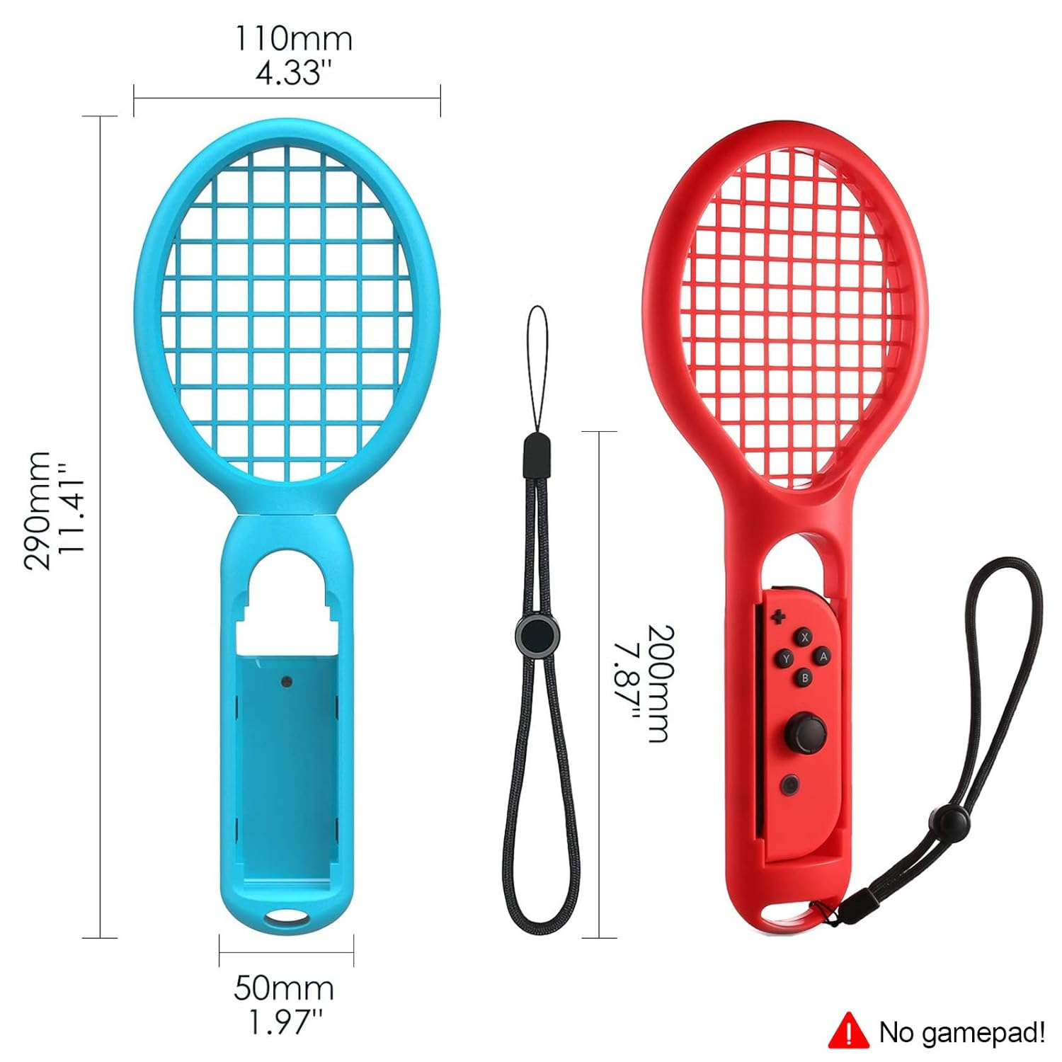 Blaue und rote Griffe in Schlägerform für Controller, mit Maßen.