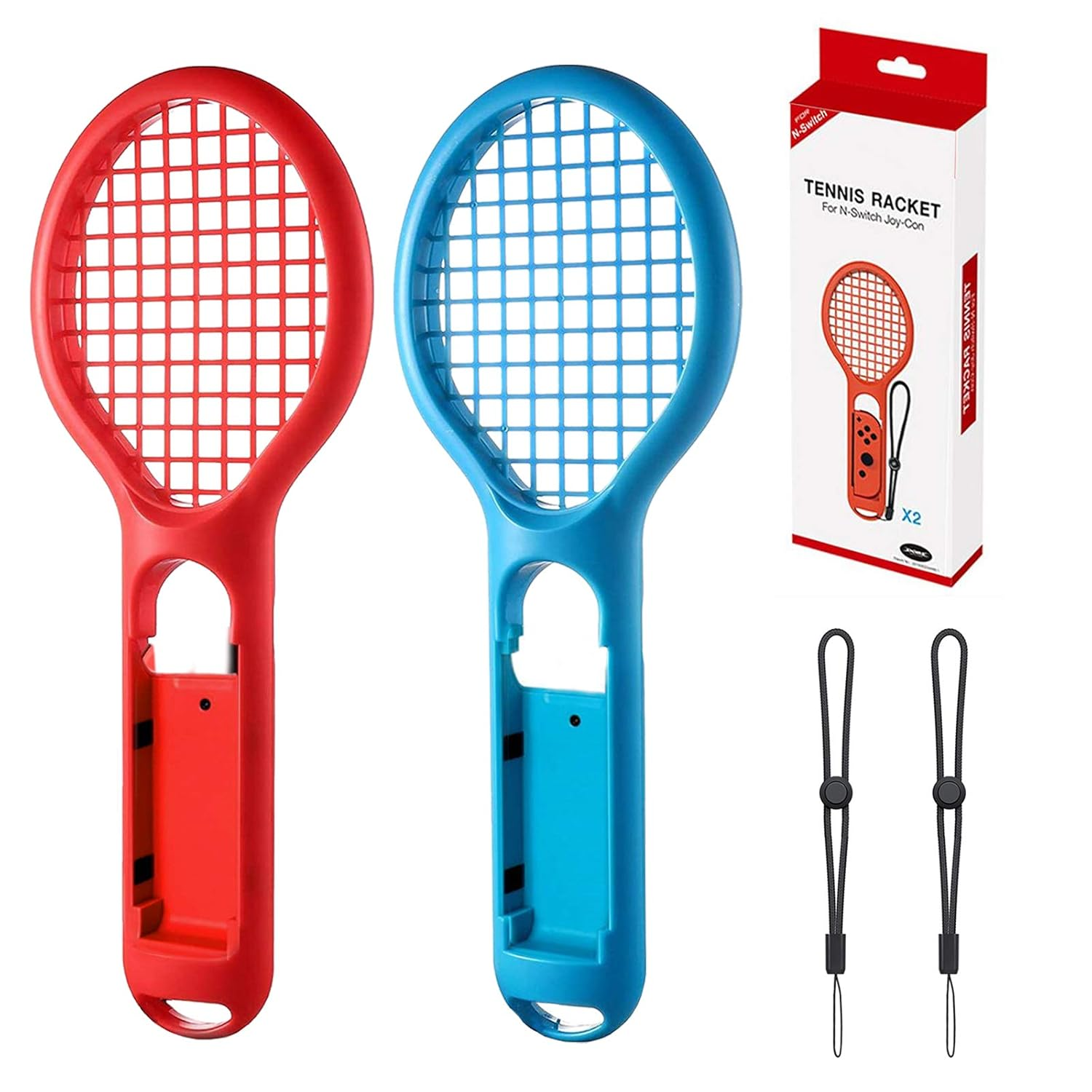 Zwei Tennisschläger-Griffe für Nintendo Switch, rot und blau, mit Verpackung.