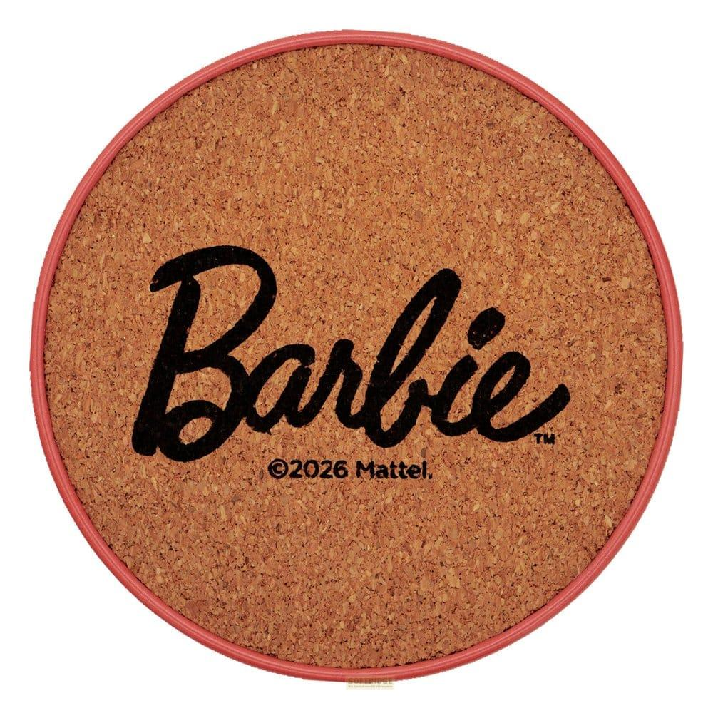 Runder Korkuntersetzer mit Barbie-Logo und Copyright-Hinweis.