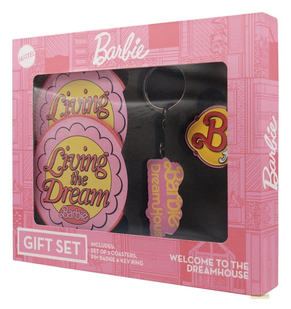 Barbie Geschenkset mit 2 Untersetzern, Pin und Schlüsselanhänger, rosa.
