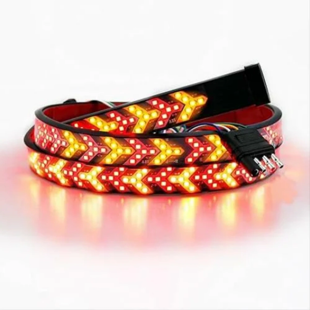 Rote und gelbe LED-Pfeil-Lichtleiste mit schwarzem Stecker und Kabeln.