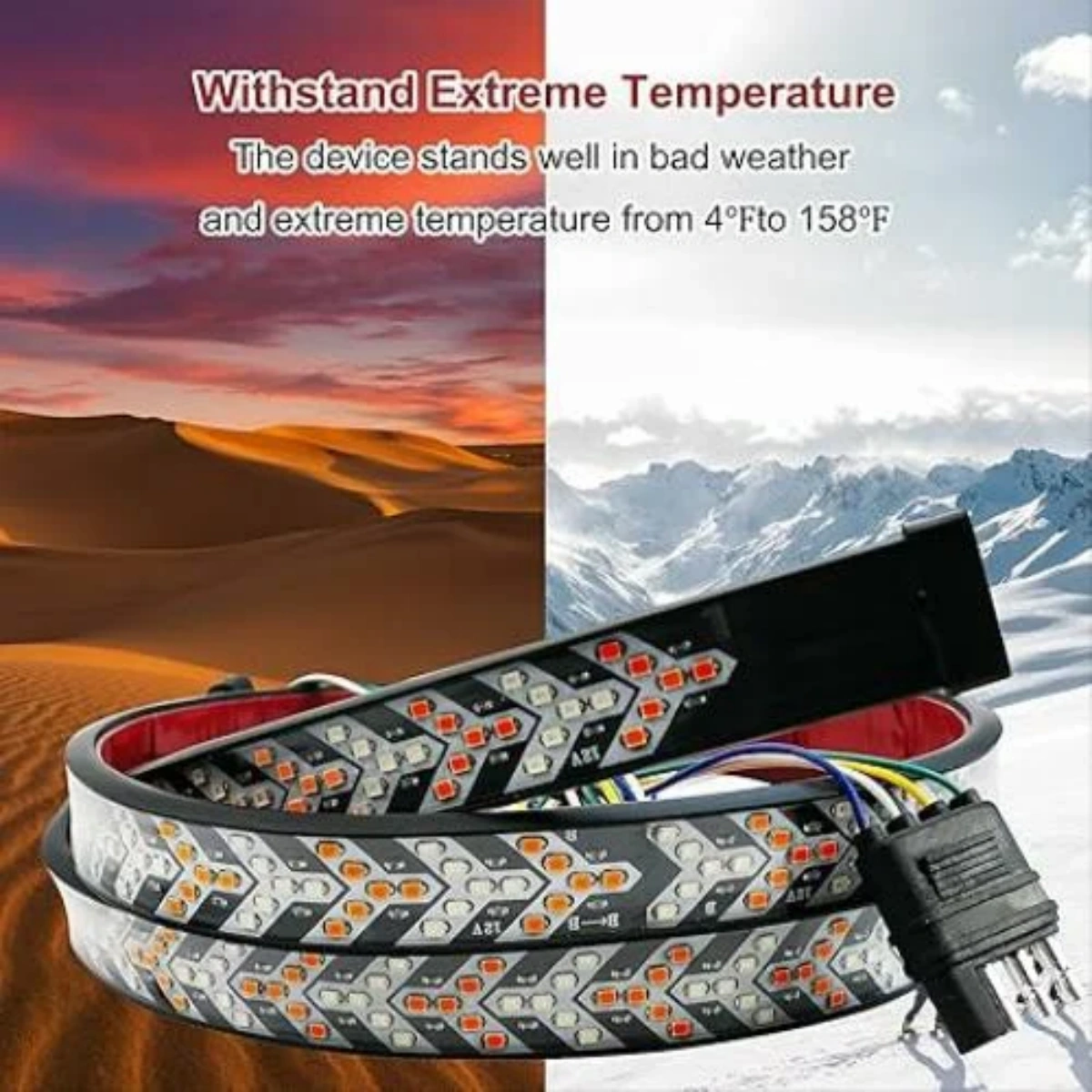 LED-Streifen mit Pfeilmuster in Wüste und Schnee, die extreme Temperaturen überstehen.