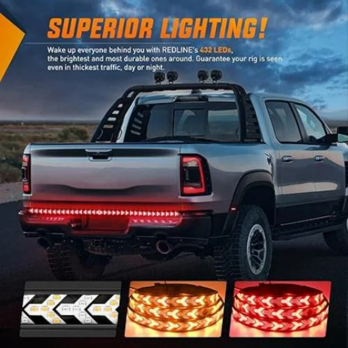 Ein Pickup mit roten LED-Rücklichtern und drei Musteranzeigen.