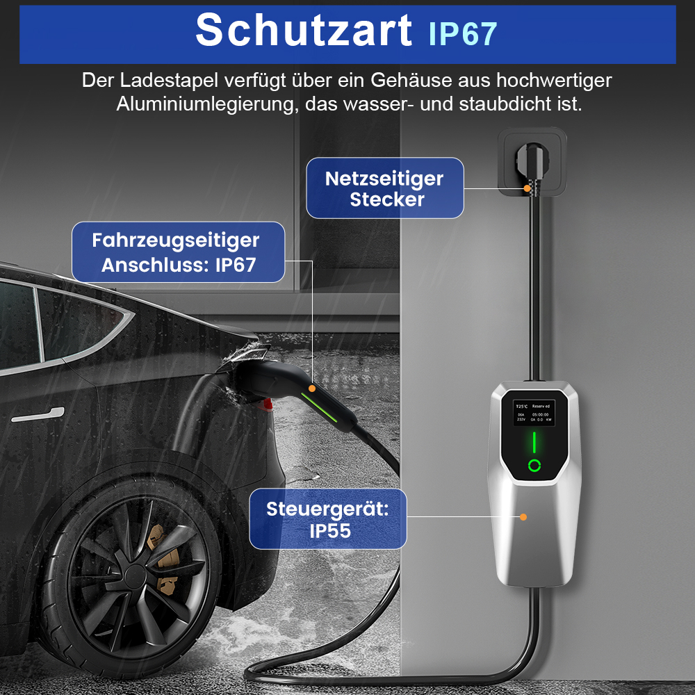 Ein Elektroauto wird mit einem Ladekabel geladen. Das Ladekabel ist mit dem Auto verbunden.